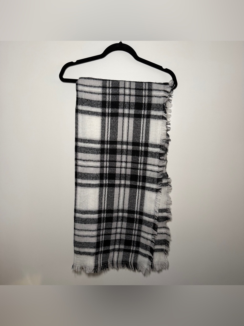Black and White Plaid Fringe Scarf Wrap